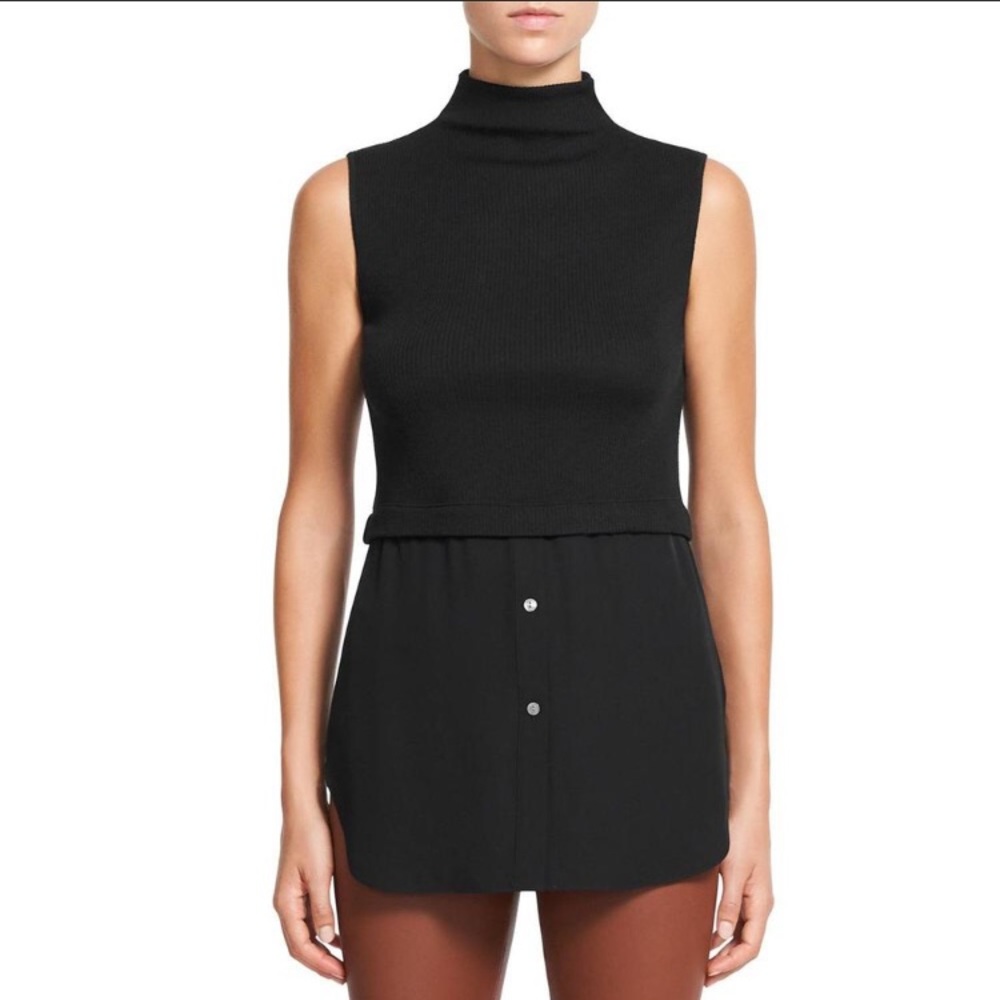 Theory black mock neck sleeveless ribbed knit sweater with shirt tails, Small - Picture 1 of 7